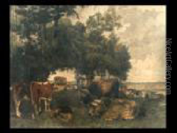 Kuhe Und Bauern Bei Der Rast la Sieste Oil Painting - Gustave Courbet