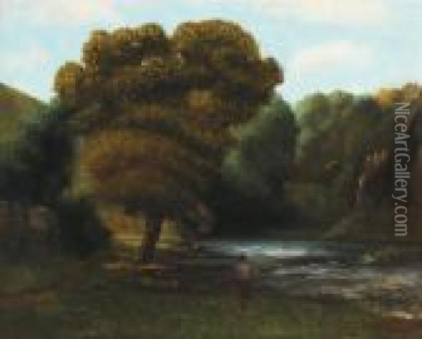 Paysage Avec Un Pecheur (vers 1872) Oil Painting - Gustave Courbet
