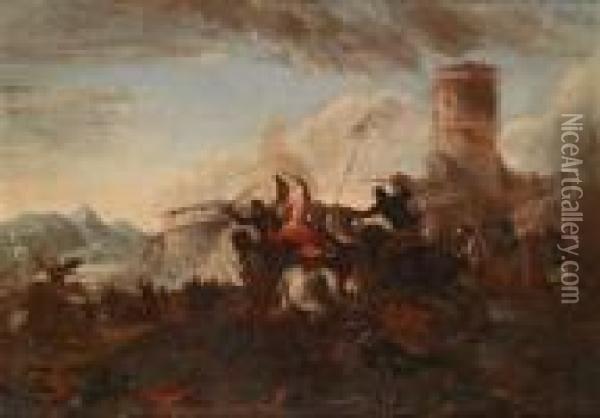 Reitergefecht Vor Einer Festung Oil Painting - Jacques Courtois Le Bourguignon