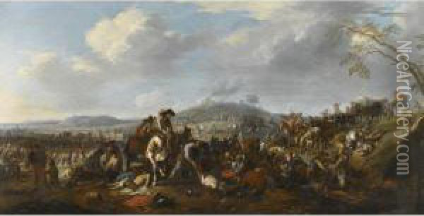 An Extensive Landscape With The Aftermath Of A Battle Oil Painting - Jacques Courtois Le Bourguignon