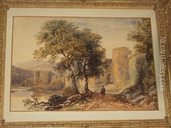 Conway Castle With Figure On A Pathway Before Oil Painting - David Cox