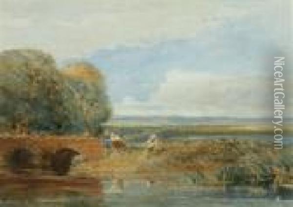 Fishing By The Stream Oil Painting - David Cox