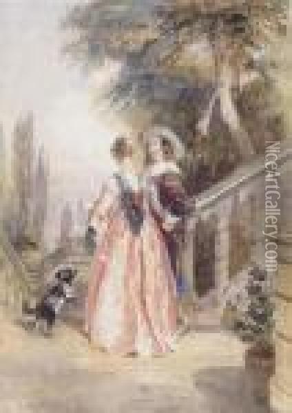 A Couple By Some Stone Steps, Possibly Powis Castle Oil Painting - David Cox