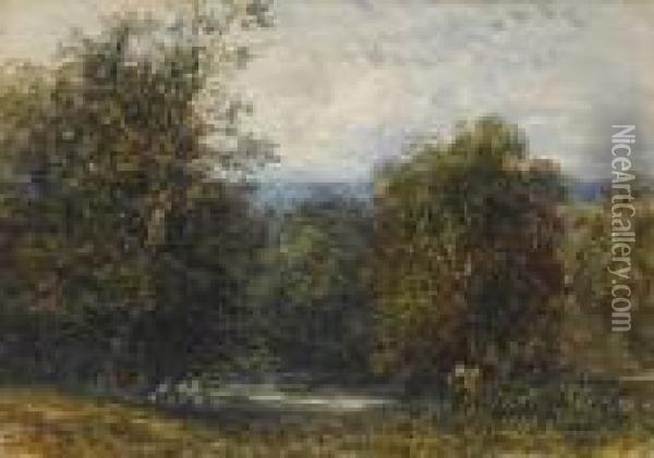 Figures By A Woodland Pool, Near Handsworth,staffordshire Oil Painting - David Cox