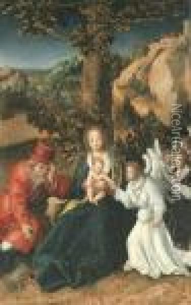 The Holy Family With Angels In A Landscape Oil Painting - Lucas The Elder Cranach