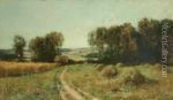 Haystacks Along A Country Road Oil Painting - Bruce Crane