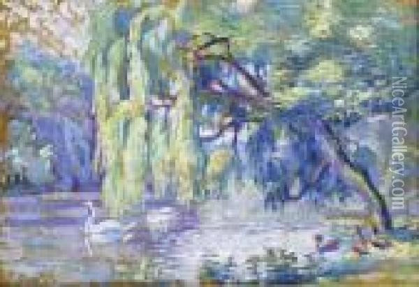 Les Cygnes Sur Le Lac Du Bois De Boulogne Oil Painting - Henri Edmond Cross