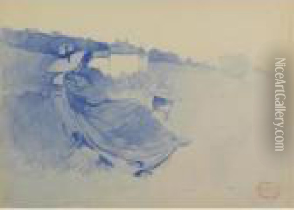 Coast Near Le Lavandou With Seated Woman; Woman On A Balcony: Apair Of Watercolors Oil Painting - Henri Edmond Cross