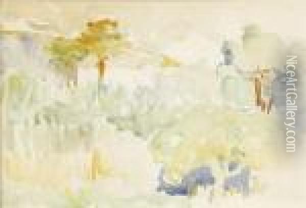 Paysage Aux Grands Arbres En Provence. Oil Painting - Henri Edmond Cross