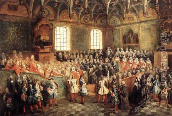 The Seat of Justice in the Parliament of Paris in 1723, c. 1724 Oil Painting - Nicolas Lancret