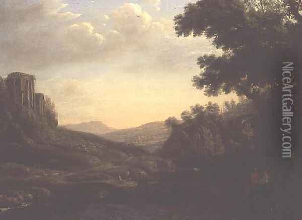 Extensive Wooded Landscape with Ruined Temple Oil Painting - Claude Lorrain (Gellee)