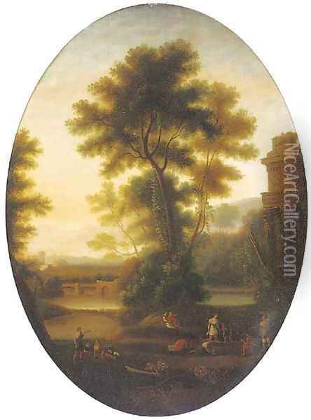 A classical landscape with wine makers and other figures by ruins, in a feigned oval Oil Painting - Claude Lorrain (Gellee)