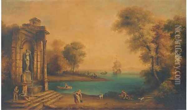 A coastal landscape with shipping and figures by a classical fountain Oil Painting - Claude Lorrain (Gellee)