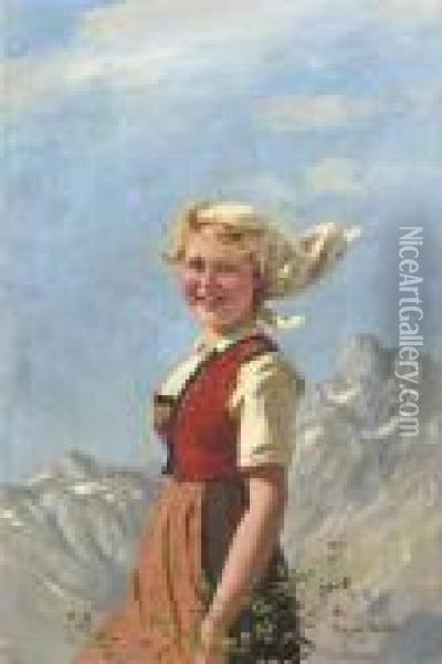 A Blushing Girl On A Mountain Top Oil Painting - Hans Dahl