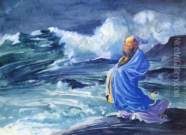 A Rishi Calling Up A Storm Japanese Folk Lore Oil Painting - John La Farge