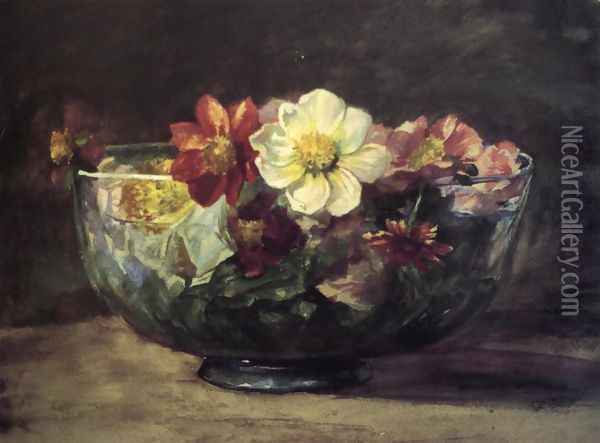 Study Of Autumn Flowers In Persian Glass Bowl With White Enamel Edge Oil Painting - John La Farge