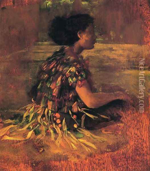 Girl In Grass Dress Aka Seated Samoan Girl Oil Painting - John La Farge
