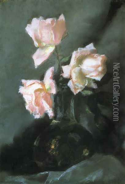 Roses In A Vase Oil Painting - John La Farge
