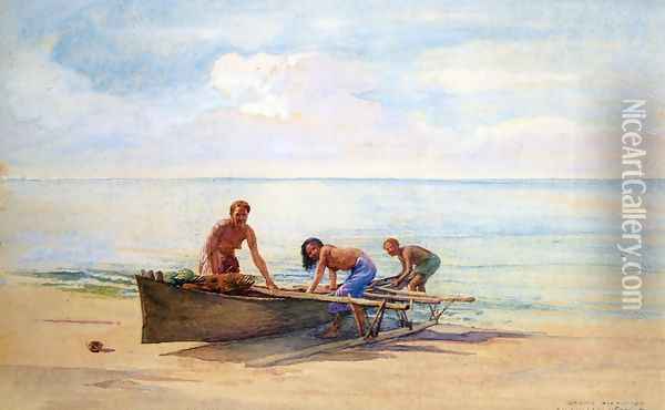 Women Drawing Up A Canoe Vaiala In Samoa Otaota Her Mother And A Neighbor Oil Painting - John La Farge