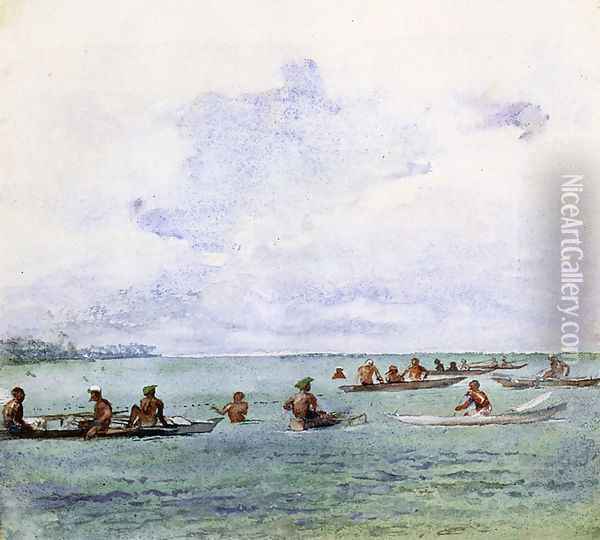 Fishing Party In Canoes Samoa Oil Painting - John La Farge