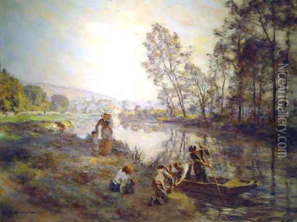 Figures by a Country Stream Oil Painting - Leon Augustin Lhermitte