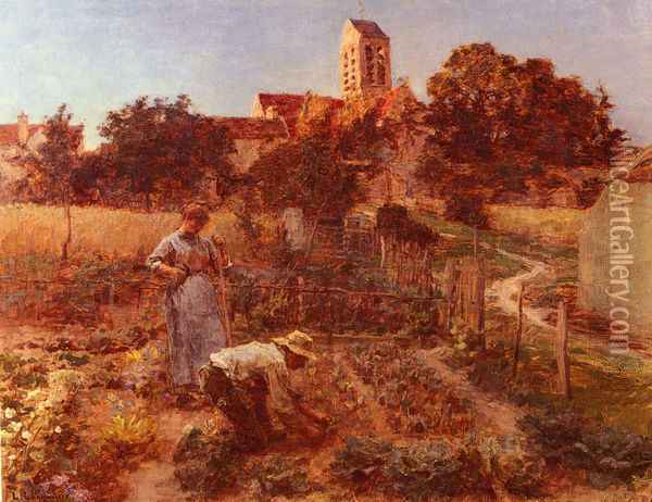 Au Jardin, Charteves, Pres De Mont-Saint-Pere (In the Garden, Charteves, Close to Mont-Saint-Pere) Oil Painting - Leon Augustin Lhermitte