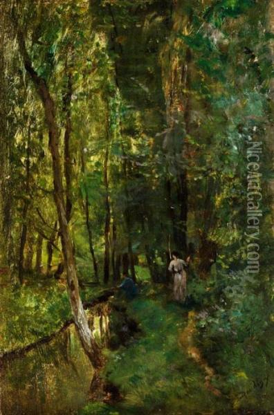 Waldinneres Mit Bachlauf, Angler Undfrau Oil Painting - Charles-Francois Daubigny