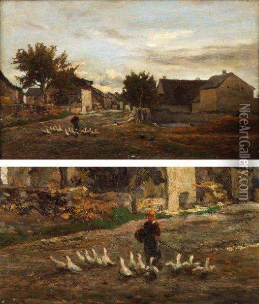 Le Troupeau D'oies, Village Pres Debarbizon Oil Painting - Charles-Francois Daubigny