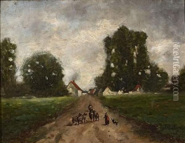 Berger Sur Le Chemin. Oil Painting - Charles-Francois Daubigny
