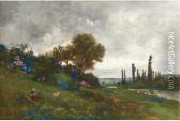 Shepherdess On The Banks Of The River Oil Painting - Karl Pierre Daubigny