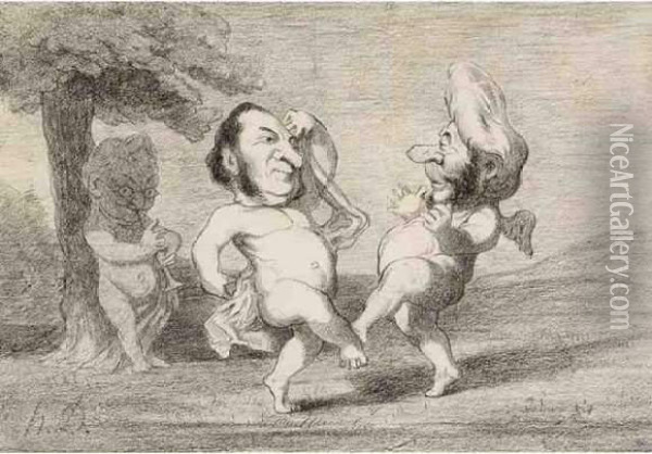 Adolphe Thiers Jouant De La Flute Et Faisant Danser Deux Hommes
 Politiques. Oil Painting - Honore Daumier