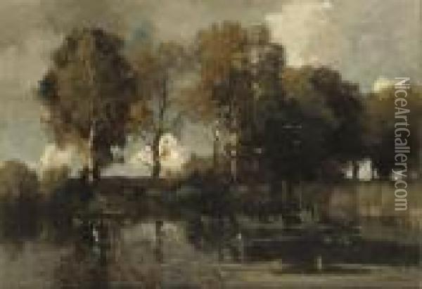Birches Along A Fenland Oil Painting - Theophile Emile Achille De Bock