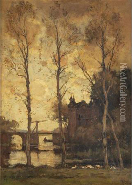 Boater Beside A Drawbridge At Sunset Oil Painting - Theophile Emile Achille De Bock
