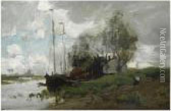 A Canal Near Zwijndrecht Oil Painting - Theophile Emile Achille De Bock
