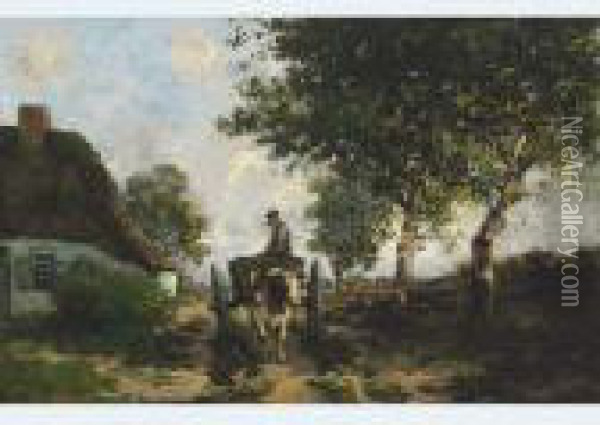 Farmer Driving His Ox Cart On A Country Lane Oil Painting - Theophile Emile Achille De Bock