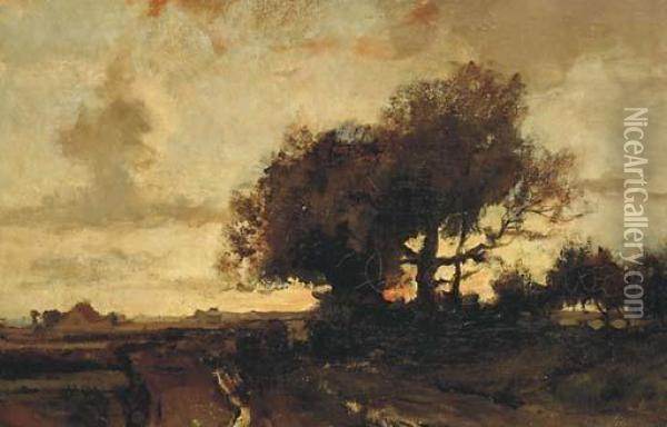 Sunset On A Country Road Oil Painting - Theophile Emile Achille De Bock