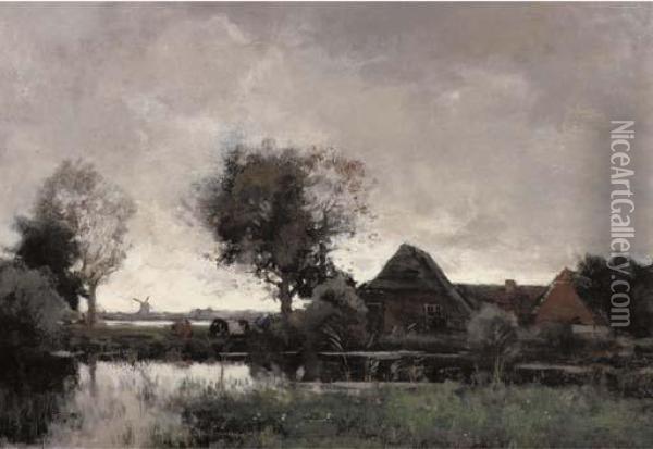 A Polder Landscape With A Farm At Dusk Oil Painting - Theophile Emile Achille De Bock