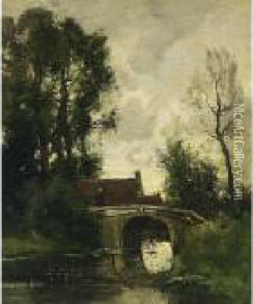 A Figure Crossing A Bridge In A Wooded Landscape Oil Painting - Theophile Emile Achille De Bock