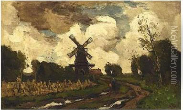 A Windmill In A Stormy Landscape Oil Painting - Theophile Emile Achille De Bock