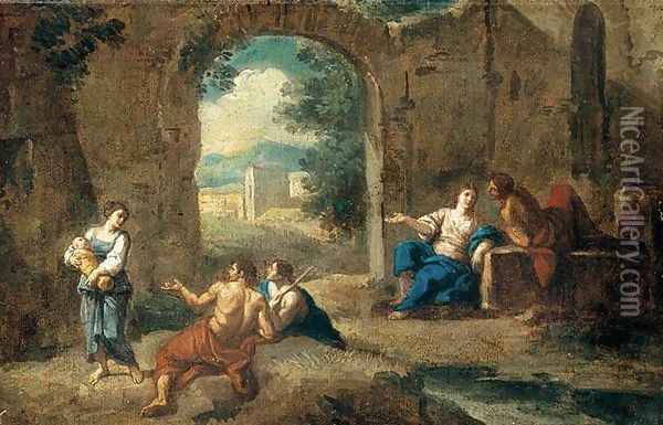 Figures in a Landscape Oil Painting - Andrea Locatelli