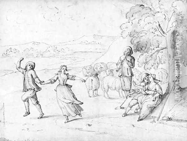 Shepherds dancing by the flute in an extensive landscape Oil Painting - Andrea Locatelli
