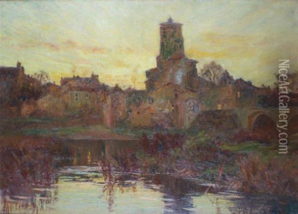 Village De Saint-astier Au Crepuscule Oil Painting - Francois Richard De Montholon