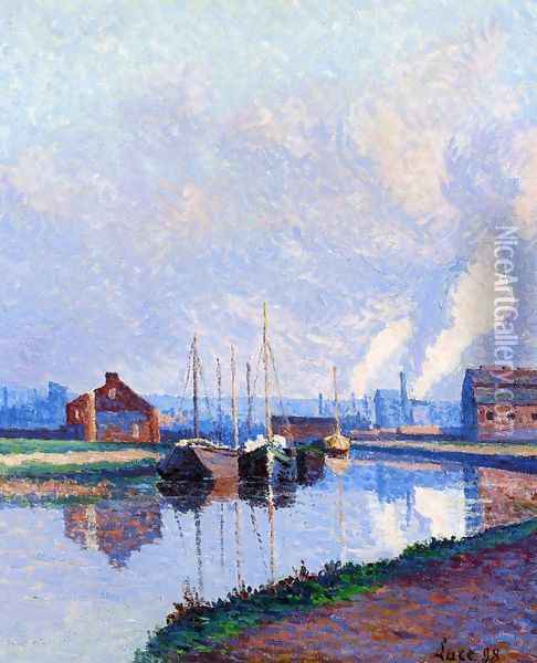 Charleroi, Barges on the Sambre Oil Painting - Maximilien Luce