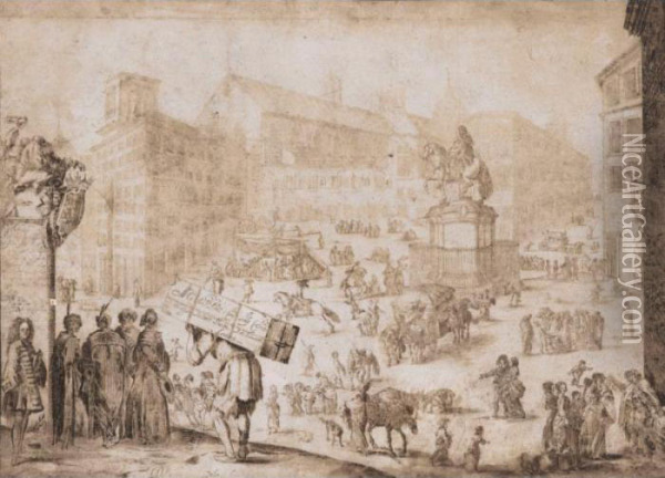[circle Of Stefano Della Bella ;
 Figures Walking In A City Square ; Pen And Brown Ink And Wash ; 
Extensively Inscribed In Brown Ink] Oil Painting - Stefano della Bella