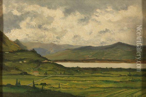 Il Lago Di Pusiano Oil Painting - Lorenzo Delleani