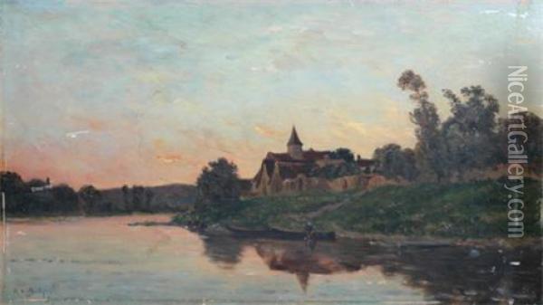 River Landscape, Man With A Boat At A Ford, Beside A Church Oil Painting - Hippolyte Camille Delpy