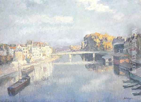 Lagny, le pont et les bateaux lavoirs sur la Marne Oil Painting - Henri Lebasque