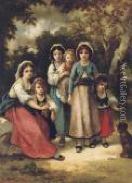 Trois Bohemiennes Et Trois Enfants (mme Diaz Et Marie): A Gypsy Family Oil Painting - Narcisse-Virgile D Az De La Pena