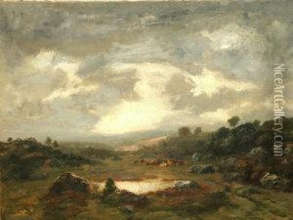 Cattle Resting On A Hillside Beneath Cloudy Skies Oil Painting - Narcisse-Virgile D Az De La Pena