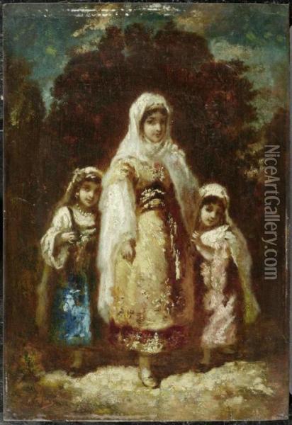 Mother With Two Girls Oil Painting - Narcisse-Virgile D Az De La Pena